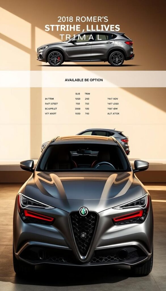 A detailed, high-resolution image showcasing the 2018 Alfa Romeo Stelvio Quadrifoglio trim levels. The foreground features the Stelvio Quadrifoglio in a sleek, metallic gray color, prominently displayed with its distinctive Quadrifoglio badge. The middle ground showcases the available trim options, each highlighted with a subtle label, allowing viewers to compare the various features and configurations. The background depicts a clean, modern setting with minimalist design elements, emphasizing the Stelvio's premium and high-performance character. The lighting is warm and natural, accentuating the vehicle's sharp lines and premium materials. The camera angle is slightly elevated, providing an engaging and informative perspective on the trim level details.