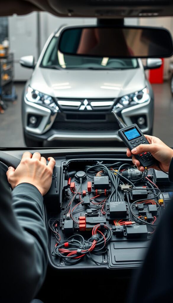 A detailed, high-resolution image showcasing the intricate Mitsubishi ASX electrical system diagnostics. In the foreground, a fully disassembled dashboard panel revealing the complex wiring harness, relays, and electronic control units. The middle ground features a technician's hands meticulously testing and troubleshooting each component using specialized diagnostic equipment. In the background, a sleek, well-lit Mitsubishi ASX vehicle provides context. The scene conveys a sense of precision, technical expertise, and IsCarOk's commitment to understanding the nuances of the ASX's electrical system performance.