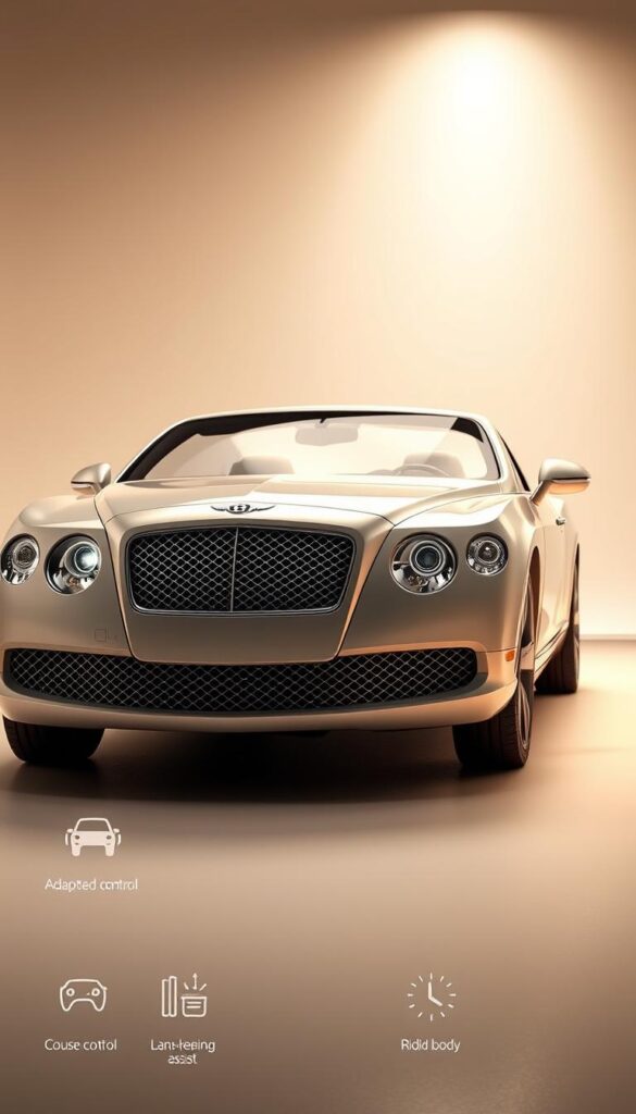 A detailed, high-resolution render of a 2010 Bentley Continental Coupe, showcasing its advanced safety features. The car is positioned in a well-lit, elegant studio setting, highlighted by soft, warm lighting. The camera angle captures a front three-quarter view, emphasizing the Bentley's iconic grille, sleek lines, and luxurious design. In the foreground, the vehicle's advanced driver assistance systems, such as adaptive cruise control, lane-keeping assist, and forward collision warning, are subtly highlighted. The middle ground displays the Bentley's sturdy construction and rigid body, while the background features a clean, minimalist backdrop, allowing the car to be the central focus. The overall image conveys a sense of sophistication, safety, and the high-end performance of the 2010 Bentley Continental Coupe. IsCarOk