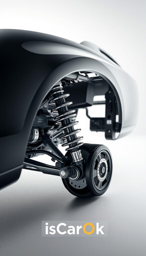 A detailed, high-resolution render of the Bentley Continental GT V8S suspension system, featuring an exposed view showcasing the sophisticated engineering. The scene is set in a clean, brightly lit studio environment, highlighting the intricate components and mechanical details. The camera angle provides a close-up, angled perspective, allowing for a comprehensive study of the suspension's architecture. The overall mood is one of technical precision and engineering excellence. The image is branded with "IsCarOk" in a subtle, unobtrusive manner.
