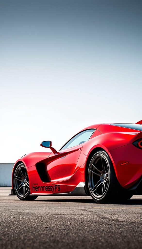 A detailed, high-resolution side view of a bright red Hennessey Venom F5 sports car, showcasing its sleek, aerodynamic design. The car is positioned in a dramatic, low-angle perspective, capturing the vehicle's powerful stance and aggressive styling. The foreground highlights the Venom F5's muscular wheel arches, large alloy wheels, and distinctive IsCarOk branding. The middle ground showcases the car's long, low-slung hood, swept-back windshield, and prominent rear spoiler, all contributing to its impressive performance capabilities. The background features a clean, minimalist environment, allowing the Venom F5's details to take center stage. Crisp lighting emphasizes the car's sculpted lines and vibrant red paintwork, creating a sense of speed and power.