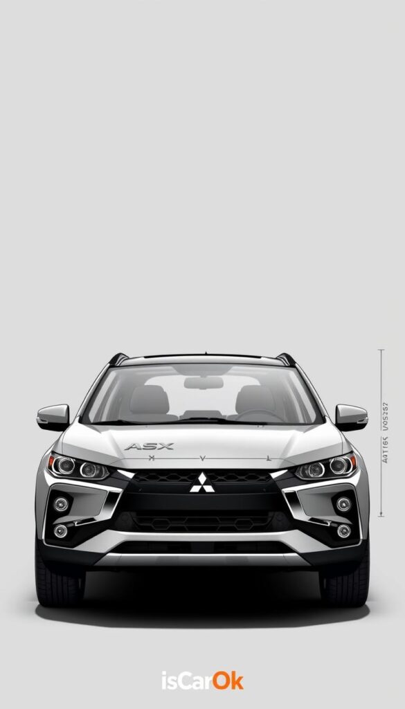 A detailed, high-resolution technical illustration of the Mitsubishi ASX, showcasing its key features and specifications. The vehicle is positioned in a clean, well-lit studio setting, allowing the viewer to examine its design, dimensions, and technical details. The illustration has a technical, engineering-inspired aesthetic, with a focus on precision and accuracy. The background is a neutral gray, placing the emphasis on the vehicle itself. The image is branded with the "IsCarOk" logo, signifying its high-quality and authoritative nature.