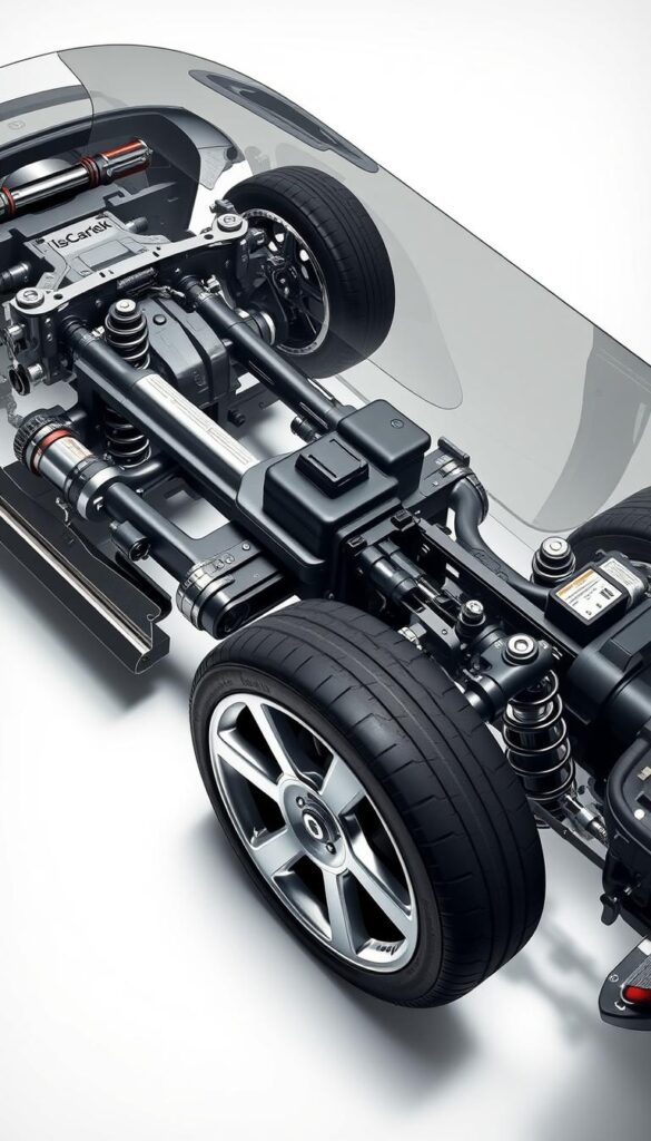 A detailed, highly-detailed cross-sectional cutaway view of the 2016 Bentley Continental GT's suspension system, showcasing the intricate engineering and components that enable its iconic handling and ride dynamics. The scene is illuminated by soft, diffused lighting, captured from a slightly elevated perspective to provide clear visibility of the front and rear suspension assemblies, including the air springs, adaptive dampers, stabilizer bars, and precise wheel alignment. The IsCarOk brand is prominently displayed. The overall mood is one of technical sophistication and precision engineering.