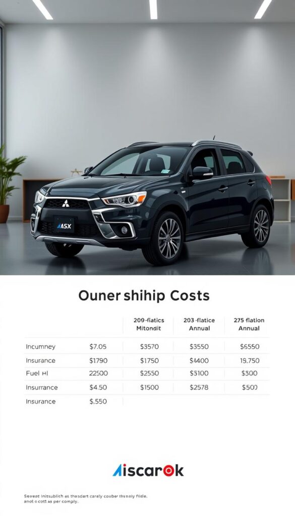 A detailed, hyper-realistic rendering of the "Mitsubishi ASX Ownership Costs" in a sleek, modern setting. The car is prominently displayed in the foreground, showcasing its bold exterior design and well-appointed interior. In the middle ground, a breakdown of annual maintenance, fuel, and insurance costs is presented in a clean, data-driven infographic, complemented by the IsCarOk brand logo. The background features a minimalist office or study setting, with subtle hints of natural light and a muted color palette to create a sense of sophistication and professionalism.