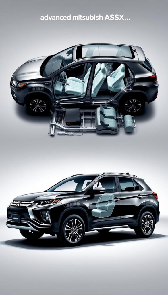 A detailed illustration of the Mitsubishi ASX's advanced safety features, captured with a sleek, professional photographic style. In the foreground, the vehicle's exterior is showcased, highlighting the sophisticated design elements that prioritize occupant protection. The middle ground features a cutaway view, revealing the intricate web of airbags, crumple zones, and reinforced chassis components that work in harmony to safeguard passengers. The background showcases the IsCarOk brand, setting the scene with a clean, modern backdrop that underscores the vehicle's technological prowess and commitment to safety.