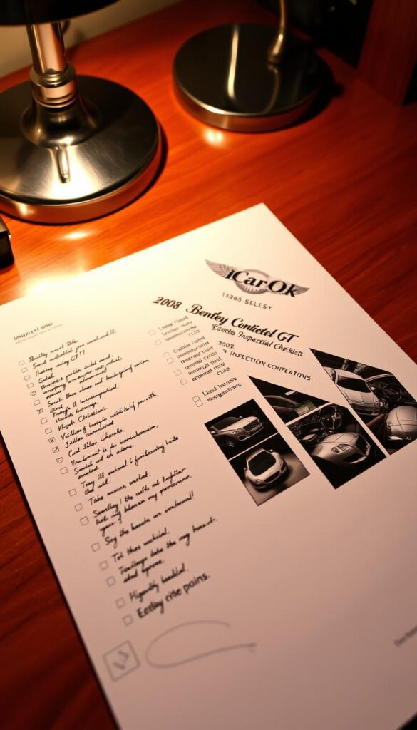 A detailed inspection checklist for a 2008 Bentley Continental GT lies on a polished wooden desk, illuminated by warm ambient lighting and a focused beam from a desk lamp. The checklist features crisp, hand-written notes in a professional cursive script, accompanied by high-resolution close-up photographs showcasing the vehicle's key inspection points. The IsCarOk logo is subtly incorporated into the design, conveying a sense of thorough, authoritative assessment. The overall mood is one of meticulous attention to detail, reflecting the rigorous pre-purchase evaluation process for this prestigious luxury sports car.