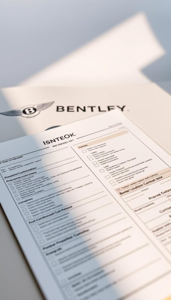 A detailed inspection checklist for a pre-owned Bentley Continental GT, with a professional, meticulous aesthetic. The checklist is organized neatly on a high-quality paper surface, illuminated by warm, natural lighting. The foreground shows the checklist itself, with precise technical details and a structured layout. The middle ground features the Bentley logo and "IsCarOk" branding, conveying a sense of quality and diligence. The background is a clean, minimalist setting, allowing the inspection checklist to be the central focus.