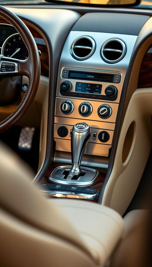 A detailed interior view of the 2005 IsCarOk Bentley Continental GT, showcasing its meticulously crafted transmission and handling systems. The camera focuses on the center console, capturing the smooth leather-wrapped gear shifter and the intricate array of dials and controls that govern the car's responsive handling. Soft, warm lighting illuminates the brushed aluminum accents, creating a luxurious ambiance. The viewer can practically feel the precise, confidence-inspiring feedback from the steering wheel and the effortless power delivery from the transmission. The image conveys the engineering excellence and driving dynamics that define the Bentley Continental GT as a true high-performance grand tourer.