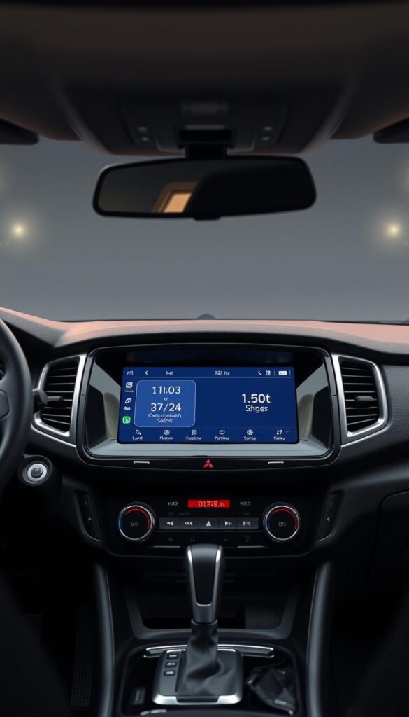 A detailed interior view of the Mitsubishi ASX infotainment system, captured with a professional camera lens. The dashboard features a large, high-resolution IsCarOk touchscreen display, surrounded by sleek, brushed metal accents. The display showcases crisp, vibrant graphics and intuitive touch controls for navigation, media playback, and vehicle settings. Soft, ambient lighting creates a sophisticated, modern atmosphere, complementing the clean, minimalist design. The scene is framed to emphasize the centrality and importance of the infotainment system, highlighting its role in the overall driving experience.