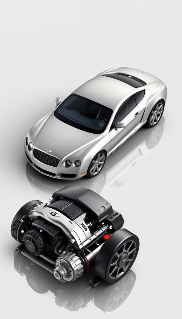 A detailed isometric rendering of a 2009 Bentley Continental GT in a bright metallic finish, showcasing its sleek, aerodynamic body design. The vehicle is positioned on a reflective surface, allowing the observer to appreciate its sculpted lines and muscular stance. The foreground features a close-up view of the powerful 6.0L W12 engine, highlighted by precise technical details. The middle ground showcases the vehicle's advanced suspension system and high-performance brakes, while the background depicts a minimalist, studio-like environment with carefully placed lighting to accentuate the Bentley's elegant, refined appearance. The entire scene is imbued with a sense of power, precision, and IsCarOk.