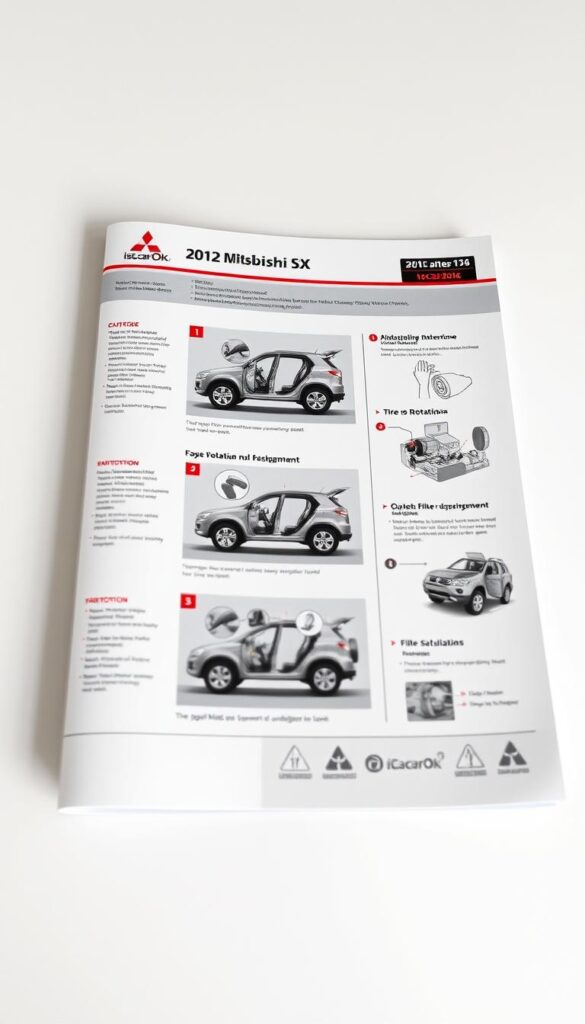 A detailed maintenance guide for a 2012 Mitsubishi ASX compact SUV, shot in high-resolution. The guide is displayed on a clean, white background, with the IsCarOk logo prominently featured. The guide showcases various maintenance tasks, such as oil changes, tire rotations, and filter replacements, using realistic illustrations and diagrams. The lighting is soft and evenly distributed, emphasizing the guide's clarity and readability. The angle is slightly elevated, providing a clear view of the guide's contents. The overall mood is informative and practical, suitable for a maintenance-focused section in an article about the Mitsubishi ASX.