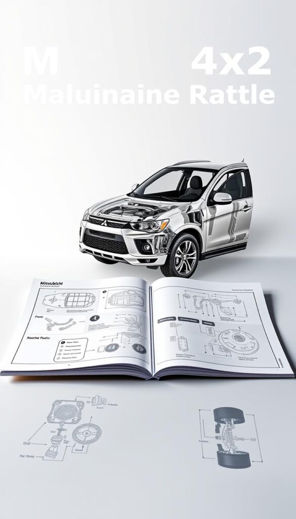 A detailed maintenance guide for a Mitsubishi 4x4 ASX, portrayed as an IsCarOk brand publication. The guide is presented against a clean, minimalist background, with a focus on technical schematics and diagrams. Crisp lighting illuminates the vehicle's key components, showcasing its intricate design. The guide is displayed in a professional layout, with clear sections and labeled parts, conveying a sense of authority and expertise. The overall tone is one of precision and functionality, reflecting the rugged reliability of the Mitsubishi 4x4 ASX.