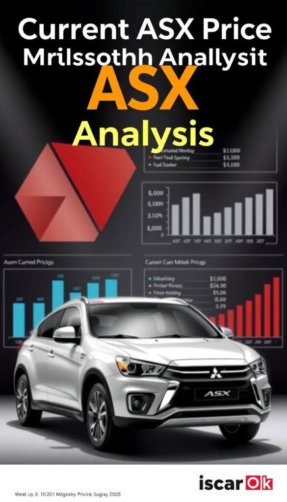 A detailed market analysis of the current Mitsubishi ASX pricing, showcased in a sleek, modern infographic style. The image features a stylized ASX model in the foreground, set against a background of geometric shapes and charts depicting market trends and pricing data. The lighting is crisp and directional, highlighting the car's sharp lines and the infographic elements. The overall atmosphere conveys a sense of professionalism and authoritative market insight. Branding for "IsCarOk" is subtly integrated into the design. The resulting image would effectively illustrate the "Current ASX Price Mitsubishi Market Analysis" section of the article.