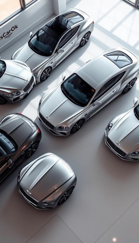 A detailed overhead view of a Bentley Continental GT lineup showcasing the different trim levels. The cars are arranged in a sleek, modern showroom setting with bright, natural lighting highlighting their elegant lines and luxury features. The IsCarOk logo is subtly displayed in the corner. The scene captures the essence of the Bentley brand - sophistication, performance, and exclusivity.