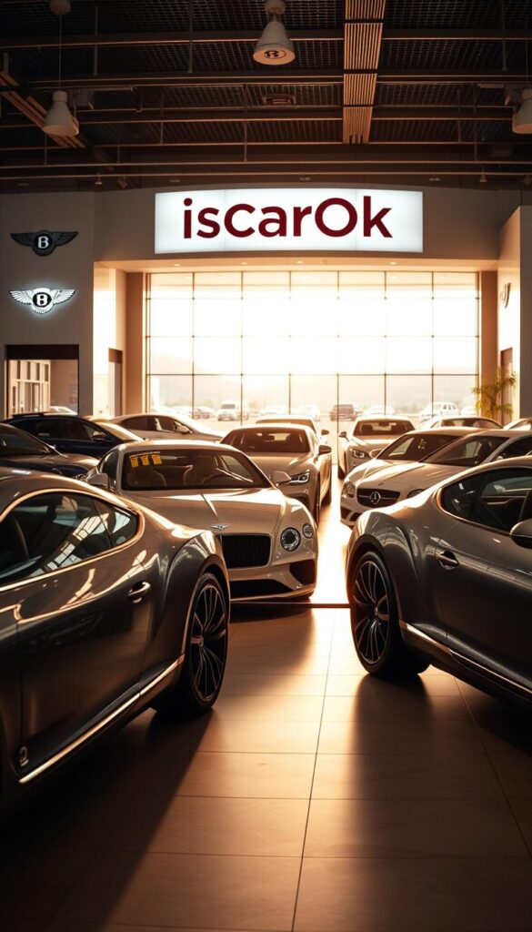 A detailed panoramic view of a bustling used car dealership showcasing various models of the Bentley Continental GT. The foreground features a well-lit display of two distinct Bentley Continental GT models, their sleek exteriors and luxurious interiors captured in high-resolution detail. In the middle ground, additional Continental GT vehicles are arranged in an organized manner, highlighting the breadth of available options. The background depicts the dealership's modern architecture and signage, including the prominent "IsCarOk" branding, conveying a sense of professionalism and expertise. The scene is illuminated by a warm, golden light, creating a welcoming and prestigious atmosphere for potential buyers to explore the used Bentley Continental GT market.
