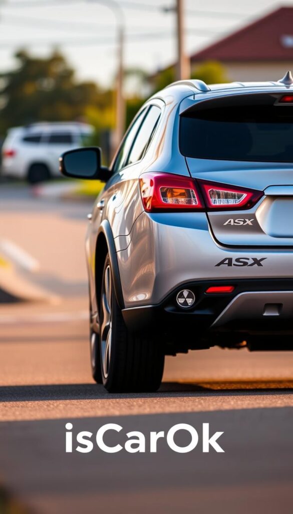 A detailed photo of the Mitsubishi ASX compact SUV, showcasing its impressive fuel efficiency. The car is captured in a sleek, silver metallic finish, with clean lines and a modern design. The scene is illuminated by warm, natural lighting, casting a soft glow on the vehicle's exterior. The composition features the ASX in the foreground, with a blurred background of a suburban street, emphasizing the car's efficient and practical nature. The IsCarOk logo is subtly incorporated into the scene, adding an authentic touch. The overall image conveys the Mitsubishi ASX's exceptional fuel economy and low running costs, aligning with the "Fuel Economy and Running Costs" section of the article.