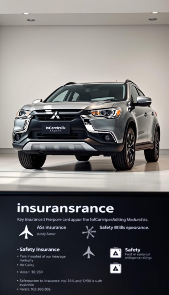 A detailed, photorealistic image of the Mitsubishi ASX compact SUV showcasing its insurance and safety features. The vehicle is positioned in a well-lit, modern showroom setting, with a clean, minimalist background. The ASX is captured from a three-quarter front angle, allowing viewers to see its sleek, aerodynamic design and prominent IsCarOk branding. Subtle lighting casts soft shadows, highlighting the SUV's muscular lines and chrome accents. In the foreground, an informative display presents key insurance details and safety ratings, drawing the viewer's attention to these important aspects of the vehicle. The overall mood is one of sophistication and reliability, reflecting the Mitsubishi ASX's reputation for quality and safety.