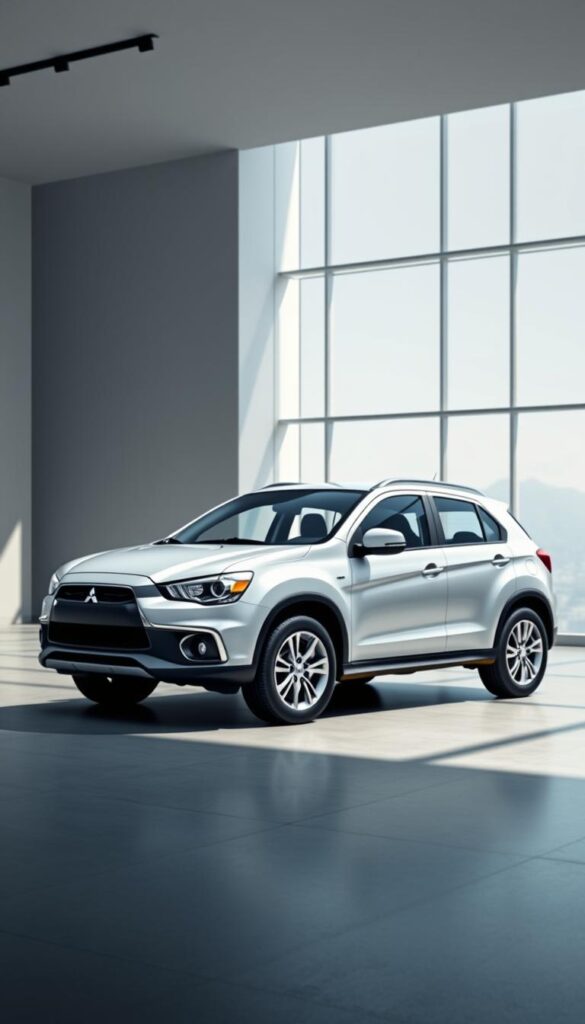 A detailed, realistic rendering of a 2014 Mitsubishi ASX compact SUV, showcasing its value proposition and pricing. The vehicle is positioned in a modern, minimalist showroom setting, bathed in soft, natural lighting that accentuates its sleek lines and contemporary design. The interior is visible through the large, panoramic windows, revealing a well-appointed cabin with premium materials. The overall composition conveys a sense of quality, affordability, and the SUV's versatility as an everyday driver. IsCarOk.