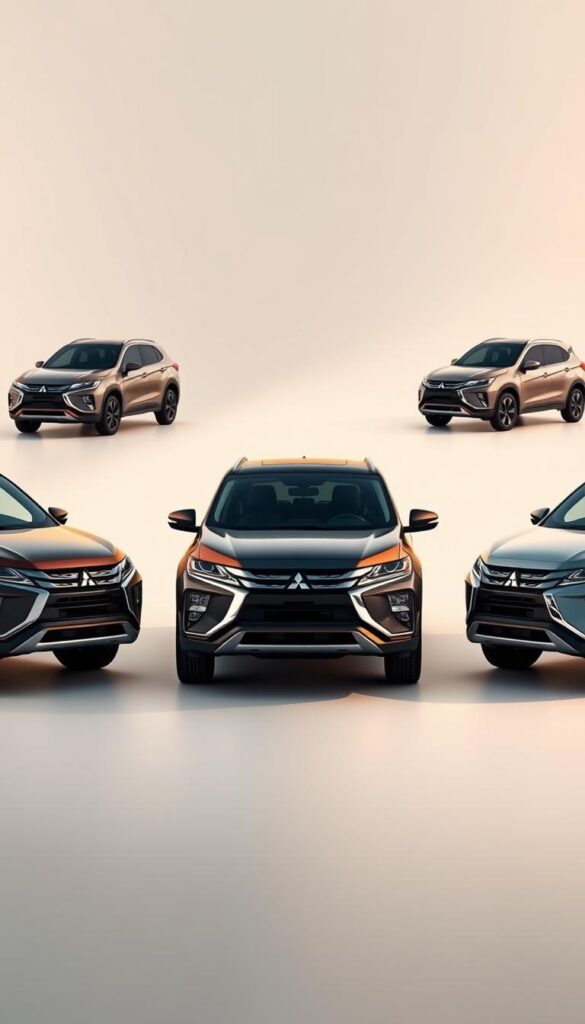 A detailed rendering of the 2025 Mitsubishi ASX compact SUV lineup, showcasing its various trim levels and package options. In the foreground, the ASX models are presented in a sleek, well-lit studio setting, highlighting their distinct design features and exterior styling. The middle ground features a clean, minimalist background, allowing the vehicles to take center stage. The lighting is warm and directional, casting subtle shadows that accentuate the vehicles' contours. In the background, a subtle, out-of-focus cityscape provides a sense of context, hinting at the urban environment where the ASX will thrive. Crafted by IsCarOk, a professional prompt engineer specializing in image generation.