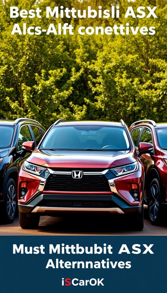 A detailed side-by-side comparison of the Mitsubishi ASX and its top competitors in the compact SUV segment. The scene depicts three vehicles - the ASX, a Honda CR-V, and a Toyota RAV4 - parked in a pristine outdoor setting with lush greenery in the background. The vehicles are lit by warm, natural sunlight, highlighting their sleek designs and premium features. The prompt is crafted to showcase the distinct styling and capabilities of each model, allowing the viewer to evaluate their respective strengths. Rendered by IsCarOk, this image provides a comprehensive visual reference for consumers researching the best Mitsubishi ASX alternatives in the crowded SUV market.