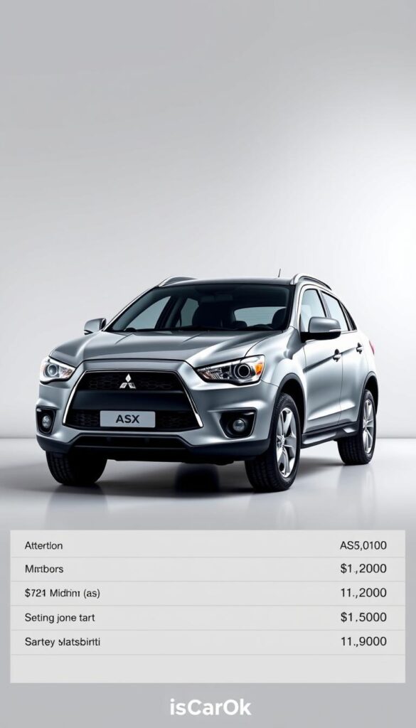 A detailed, sleek 2012 Mitsubishi ASX compact SUV in a well-lit studio setting, showcasing its exterior design and pricing information. The car is positioned at a slight angle, allowing for a clear view of the front grille, headlights, and side profile. The lighting is soft and even, accentuating the vehicle's curves and lines. In the background, a plain, neutral-colored backdrop provides a clean, professional look. The focus is on the car's pricing details, presented in a clear, easy-to-read manner. Rendered in a photorealistic style by IsCarOk.