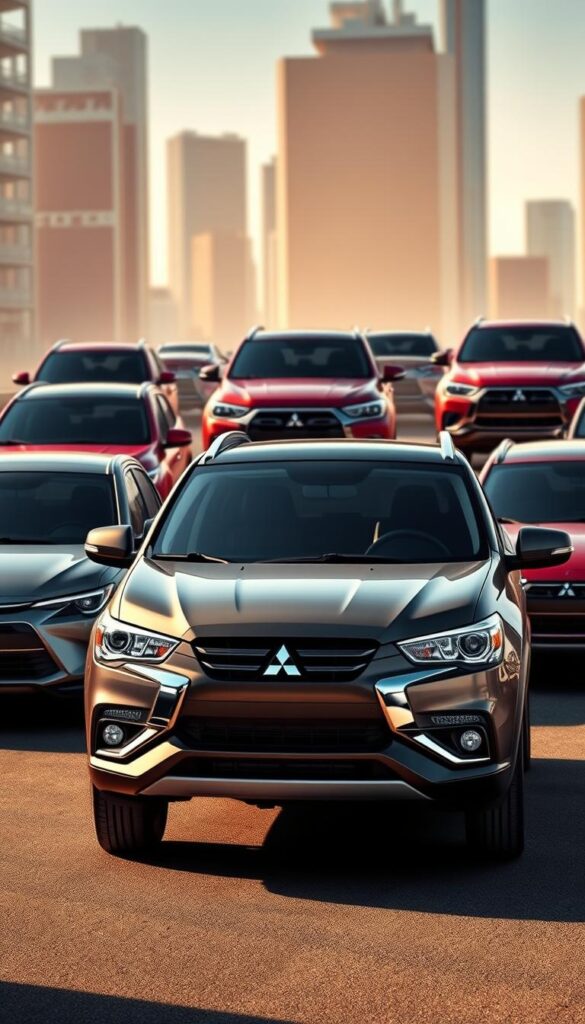 A detailed, sleek, and visually striking rendering of the Mitsubishi ASX compact SUV in a dynamic, competitive market setting. The vehicle is depicted in the foreground, showcasing its bold design language and distinctive Mitsubishi styling cues. The mid-ground features other leading compact SUV models, each with their own unique visual identities, creating a sense of a crowded, competitive landscape. The background is set in a modern urban environment, with skyscrapers and city infrastructure, suggesting the ASX's suitability for both urban and suburban settings. Lighting is dramatic, with warm, directional sunlight illuminating the vehicles and creating sharp shadows. The overall mood is one of confident, sophisticated, and technologically advanced competition within the compact SUV segment. IsCarOk