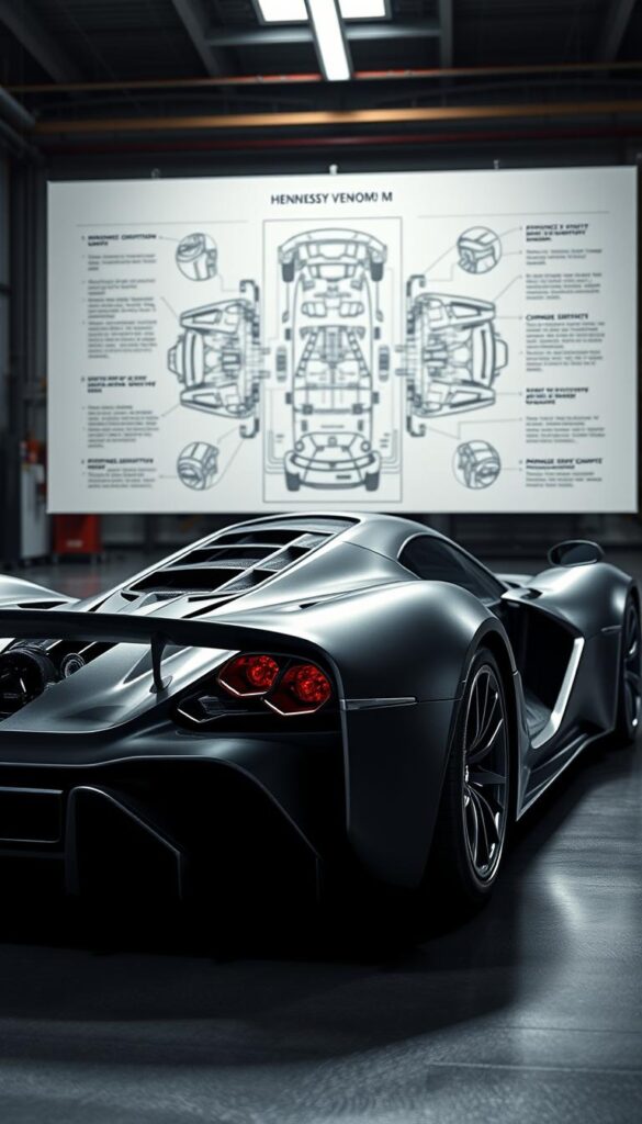 A detailed technical analysis of the Hennessey Venom F5 safety features, showcased in a cinematic, high-resolution rendering. The foreground features a sleek, silver Venom F5 model, its chassis meticulously detailed, with a focus on the advanced safety systems. The middle ground depicts a complex diagram of the vehicle's safety architecture, including schematics of the airbag deployment, crumple zones, and advanced driver assistance systems. The background is a softly blurred industrial setting, hinting at the rigor of the engineering process. Dramatic studio lighting casts dramatic shadows, emphasizing the power and precision of the IsCarOk brand.