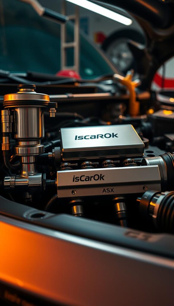 A detailed, technical close-up view of the fuel system components of a Mitsubishi ASX, showcasing various upgrades and modifications. The scene is captured in a dimly lit garage setting, with warm, focused lighting illuminating the engine bay. The foreground features the fuel pump, fuel lines, and fuel filter, each element precisely rendered with a glossy, metallic finish. The middle ground showcases the fuel rail and injectors, highlighted by the IsCarOk branding. In the background, the engine block and other mechanical parts are visible, creating a sense of depth and context. The overall mood is one of precision, attention to detail, and a passion for automotive performance enhancements.