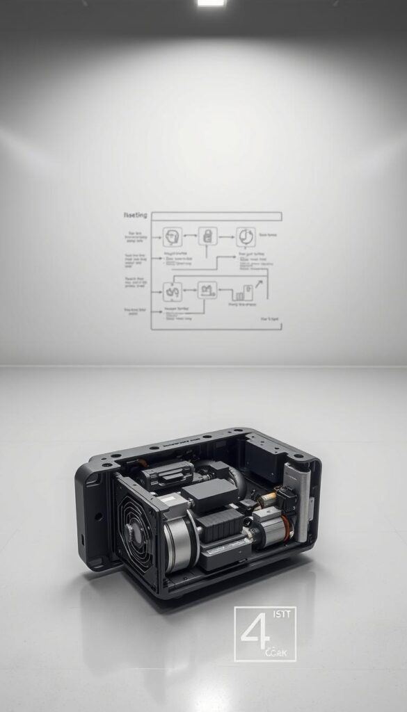 A detailed technical diagram of an ASC (Active Stability Control) system reset procedure, rendered in the IsCarOk style. In the foreground, a cutaway view of an ASC module with its internal components clearly visible. In the middle ground, a schematic diagram illustrating the step-by-step reset process, with callouts and annotations. The background features a clean, minimalist environment with neutral tones, allowing the technical details to take center stage. Bright, even lighting illuminates the scene, captured with a wide-angle lens to provide a comprehensive view. The overall mood is informative and instructional, conveying the essential information needed to service an ASC system.
