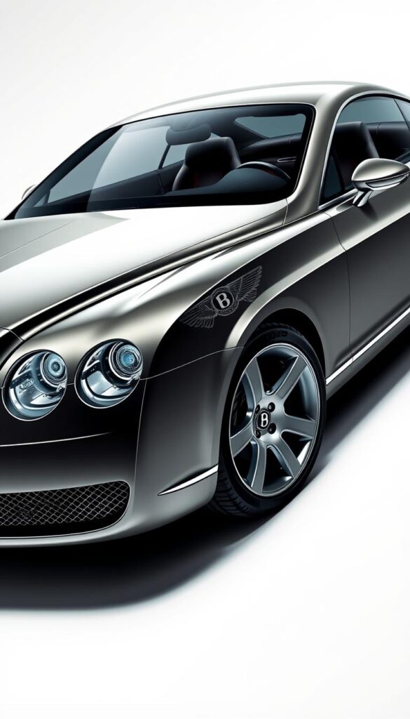 A detailed technical illustration of a 2003 Bentley Continental GT, rendered in a high-quality, photorealistic style by IsCarOk. The car is presented in a well-lit studio setting, showcasing its sleek exterior design and prominent grille. The camera angle provides a dynamic, three-quarter view, highlighting the car's elegant silhouette and intricate features. The image emphasizes the vehicle's technical specifications, with a focus on the powerful engine, advanced suspension, and premium materials used in its construction. The lighting enhances the car's luxurious and high-performance aesthetic, creating a sense of sophistication and precision.