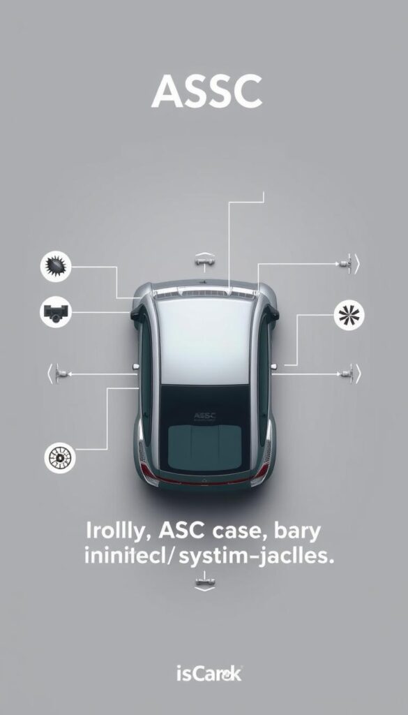 A detailed technical illustration of the Mitsubishi ASX ASC (Active Stability Control) system, rendered in a clean, technical style with an emphasis on precision and clarity. The image depicts the key components of the system, including sensors, actuators, and the electronic control unit, arranged in a logical layout against a neutral grey background. The lighting is soft and evenly distributed, creating a professional, instructional aesthetic. The overall composition is balanced and intuitive, allowing the viewer to easily understand the system's functionality. Branded as "IsCarOk", this image will effectively support the article's section on the primary causes of ASC system failures.