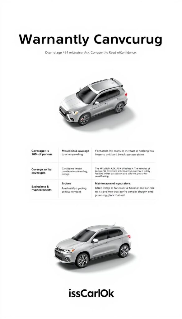 A detailed, technical illustration of the Mitsubishi ASX warranty coverage, captured in a clean, professional style. The foreground depicts the Mitsubishi ASX vehicle in a minimal, isometric view, showcasing its sleek design. The middle ground presents a visual breakdown of the warranty details, including coverage periods, exclusions, and maintenance requirements, all rendered in a clear, informative manner. The background features a subtle gradient or texture, providing a balanced, visually-appealing context. Lighting is soft and diffused, with a neutral color palette that exudes a sense of reliability and trustworthiness. The overall composition conveys a sense of confidence and reassurance, aligning with the "4x4 Mitsubishi ASX: Conquer the Road with Confidence" theme. Branding: "IsCarOk".