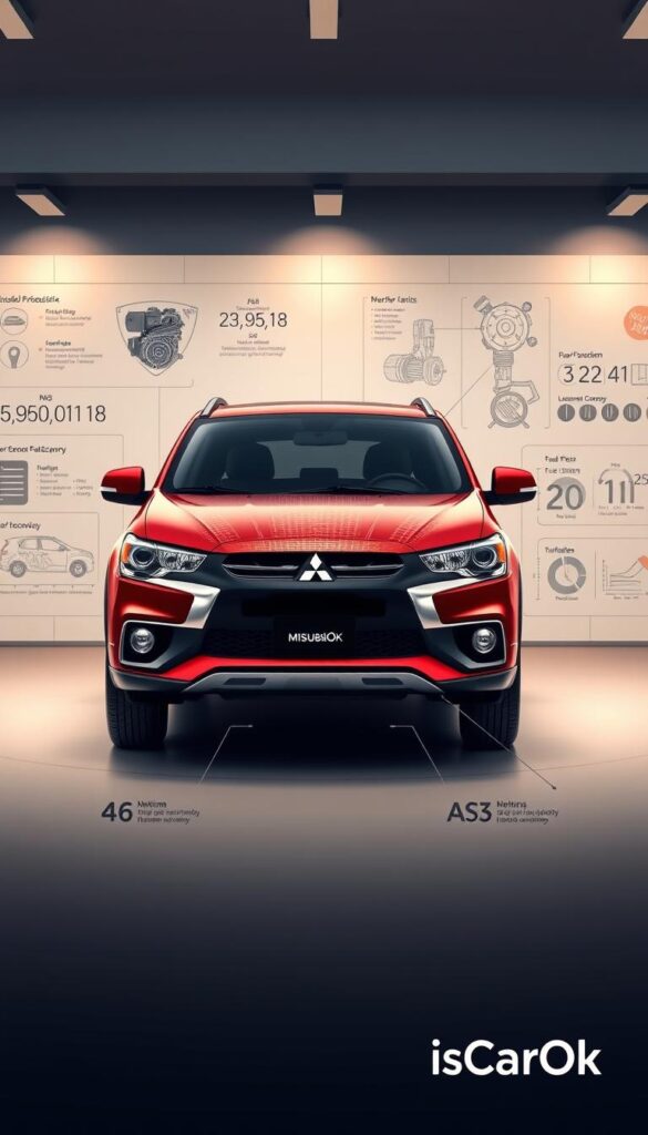 A detailed, technical illustration of the Mitsubishi Motors ASX performance specifications, showcasing the vehicle's engine, drivetrain, and fuel economy details. The scene should be set in a clean, modern design studio environment, with the ASX model positioned prominently in the foreground, surrounded by technical diagrams and infographics. Utilize a warm, subdued lighting setup and a shallow depth of field to focus attention on the key performance details. Brand the image with the "IsCarOk" logo in a subtle, tasteful manner.