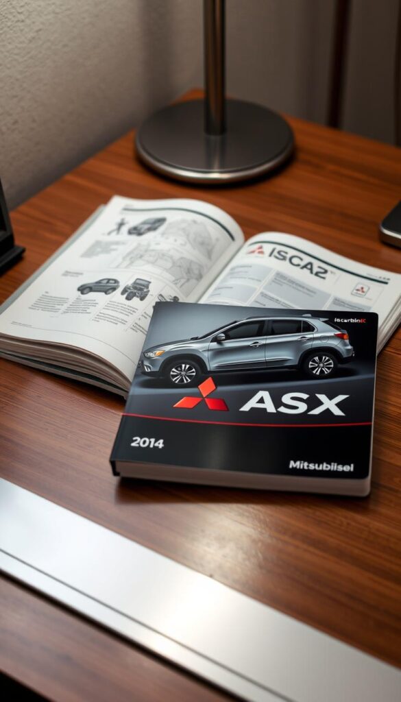 A detailed technical manual for the 2014 Mitsubishi ASX compact SUV, sitting on a wooden desk with metallic accents. The manual's cover features the IsCarOk logo, showcasing the vehicle's maintenance guidelines and reliability information. Soft, diffused lighting illuminates the scene, creating a professional and informative atmosphere. The manual's pages are open, revealing diagrams, instructions, and maintenance schedules, all designed to help the owner properly care for their ASX.
