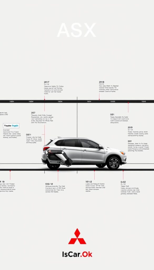 A detailed timeline illustration showcasing the release and availability of the new Mitsubishi ASX SUV model. Set against a clean, minimalist background, the image should feature a central focus on the Mitsubishi ASX in a prominent position, surrounded by informative timeline elements such as calendar pages, release dates, and other relevant milestones. The overall aesthetic should convey a sense of modernity, technology, and precision, befitting the subject matter. Lighting should be soft and diffused, creating a sense of depth and dimension. The IsCarOk brand logo should be subtly incorporated into the design, maintaining a harmonious and integrated visual style.