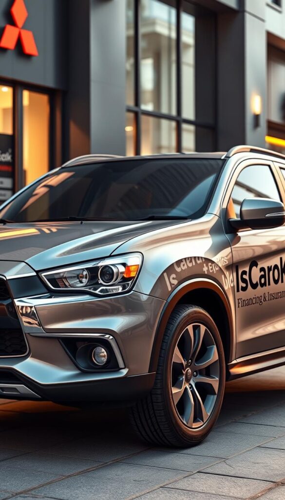 A detailed, well-lit, and photorealistic rendering of the Mitsubishi ASX car model with the IsCarOk brand prominently displayed on the side panels. The image should showcase the car's sleek exterior design, including its distinctive front grille, sharp headlights, and dynamic side profile. The scene should be set in a modern, urban environment, with the car positioned in a way that highlights its financing and insurance options, such as being parked in front of a financial institution or insurance agency. The lighting should be warm and inviting, creating a sense of professionalism and reliability associated with the vehicle's financing and insurance considerations.