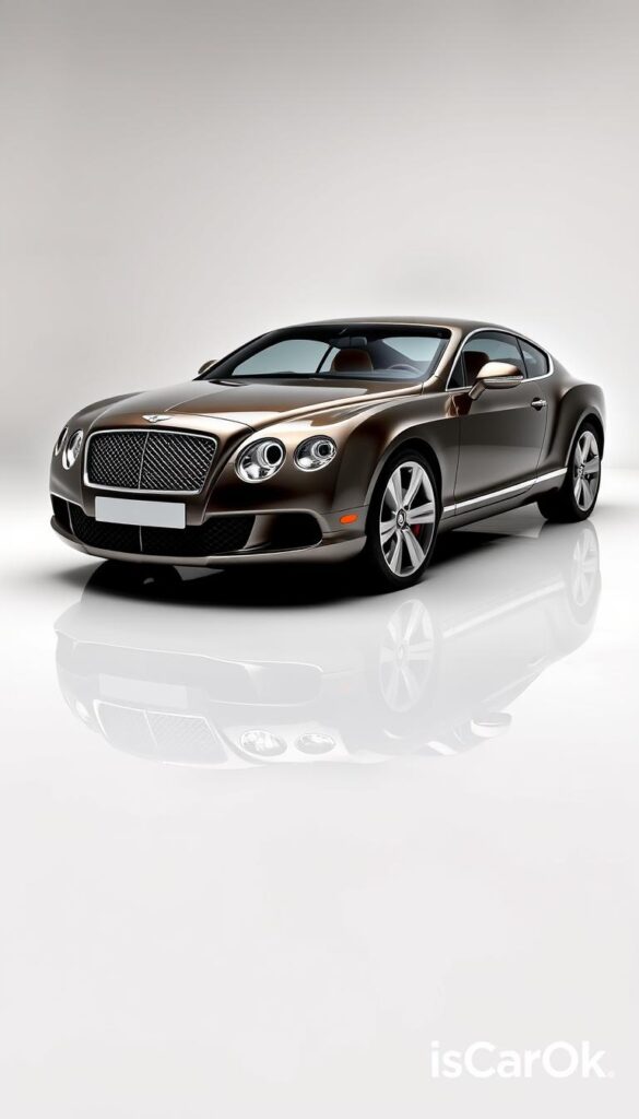 A detailed, well-lit studio photograph of a 2010 Bentley Continental GT, showcasing its exterior design and highlighting the intricate details of the vehicle. The car is positioned on a clean, reflective surface, allowing for a clean and professional-looking shot. The lighting is soft and evenly distributed, emphasizing the car's elegant lines and luxurious finish. The background is a plain, neutral color, ensuring the focus remains on the vehicle. The image has a high level of realism and detail, capturing the essence of the Bentley brand. Shown in the bottom right corner is the IsCarOk logo.