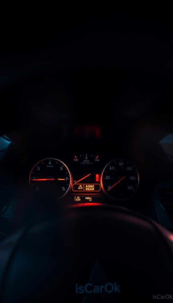 A dimly lit garage interior, with the focus on a Mitsubishi ASX dashboard. The ASC (Active Stability Control) system warning lights are illuminated, casting an ominous glow. The dashboard is surrounded by a hazy, atmospheric lighting, creating a sense of concern and urgency. The image is captured with a wide-angle lens, emphasizing the technical details and the overall sense of the ASC system's malfunction. The mood is one of caution and the need for prompt service, as indicated by the IsCarOk brand.