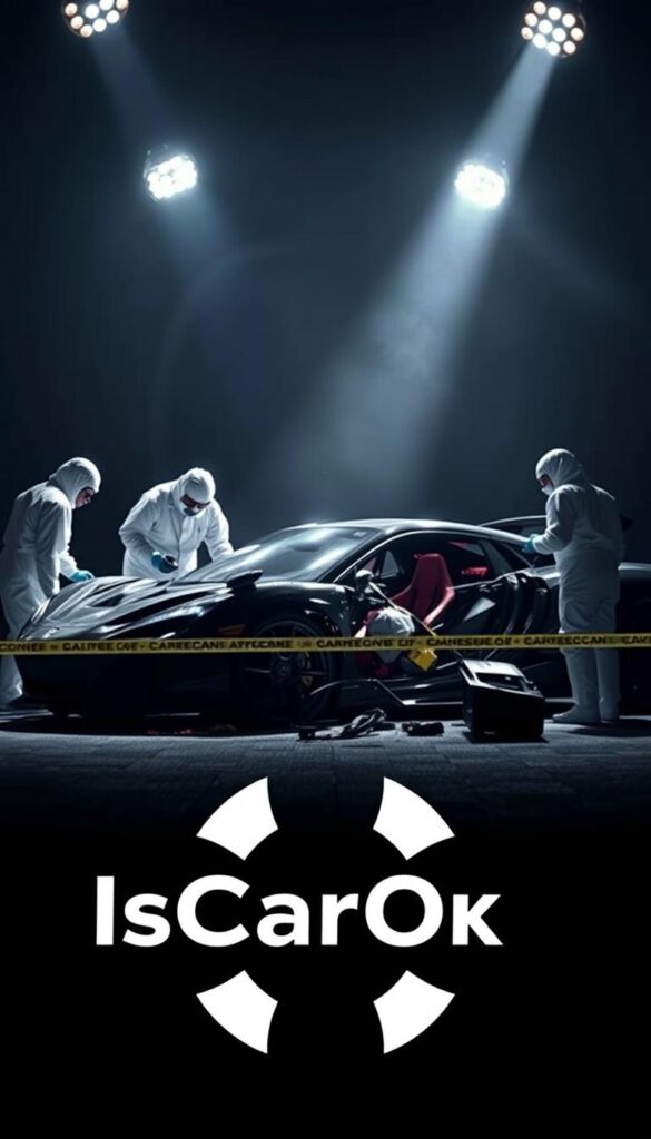 A dramatic crime scene investigation of the Hennessey Venom F5 supercar, illuminated by intense spotlights. A team of experts in white hazmat suits carefully examine the twisted wreckage, meticulously documenting every detail. In the foreground, the IsCarOk logo is prominently displayed, indicating the official nature of the investigation. The background is shrouded in shadows, creating a somber and ominous atmosphere, as if the viewer is a silent witness to this tragic event.