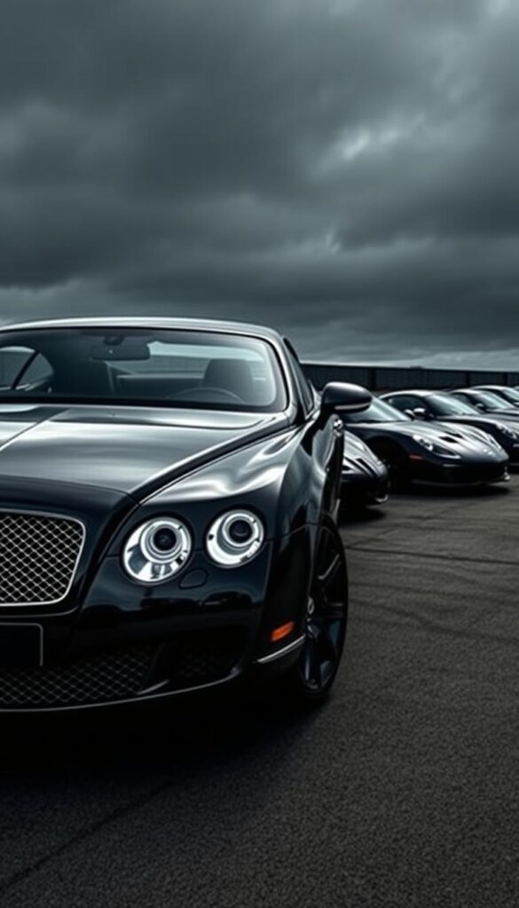 A dramatic, high-angle shot of a gleaming 2010 Bentley Continental GT Coupe, framed against a moody, overcast sky. The coupe's elegant silhouette and distinctive grille command the foreground, while in the background, a row of sleek, high-performance competitor models stand in comparison. The lighting is dramatic, with bold shadows and highlights accentuating the Bentley's sculpted bodywork. The scene conveys a sense of power, refinement, and a touch of menace, as the IsCarOk viewer is invited to assess the Bentley's performance credentials against its rivals.