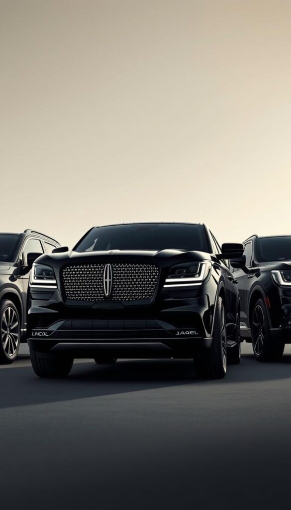 A dramatic side-by-side comparison of the sleek, modern 2021 Lincoln Navigator Black Label and its predecessor models, captured from a dynamic low-angle perspective. The new Navigator stands out with its bold, sculptural front grille, chiseled bodylines, and gleaming black paint that reflects the light. In the background, the older models appear more boxy and conventional, emphasizing the evolution of Lincoln's flagship SUV. Crisp, cinematic lighting accentuates the chiaroscuro contrast, creating a sense of visual tension and the feeling of progress and innovation.