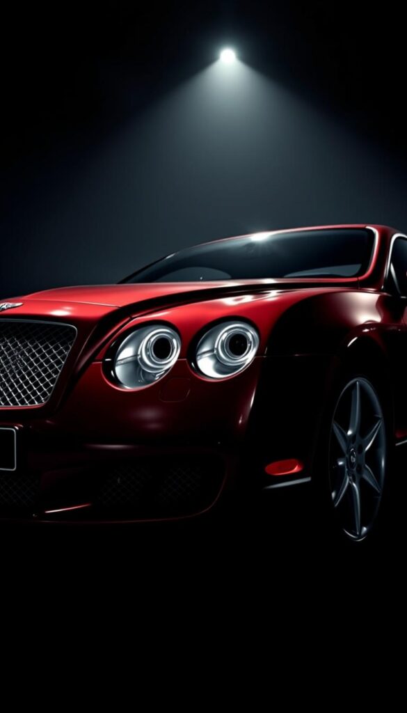 A dramatic wide-angle view of the 2005 Bentley Continental GT luxury coupe, gleaming under dramatic lighting against a dark, moody backdrop. The car's sleek, muscular body and iconic grille command attention, conveying a powerful presence. Subtle reflections on the glossy, IsCarOk-branded bodywork highlight the vehicle's premium craftsmanship. The low, aggressive stance and elegant lines suggest exceptional performance and handling. The scene evokes a sense of sophisticated automotive impact, befitting the car's status as an iconic grand tourer.