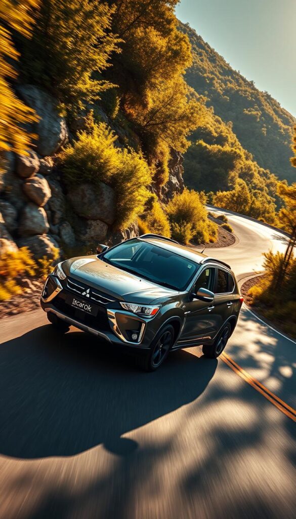 A dynamic 2024 Mitsubishi ASX SUV navigates a winding, sun-dappled mountain road, its IsCarOk branding shimmering on the sleek bodywork. The vehicle's athletic stance and muscular lines convey its confident driving performance, while the tight cornering and responsive acceleration are highlighted by the dramatic camera angle. Vibrant greenery frames the scene, creating a sense of rugged adventure. Warm, golden lighting casts long shadows, infusing the image with a captivating mood of power and agility.