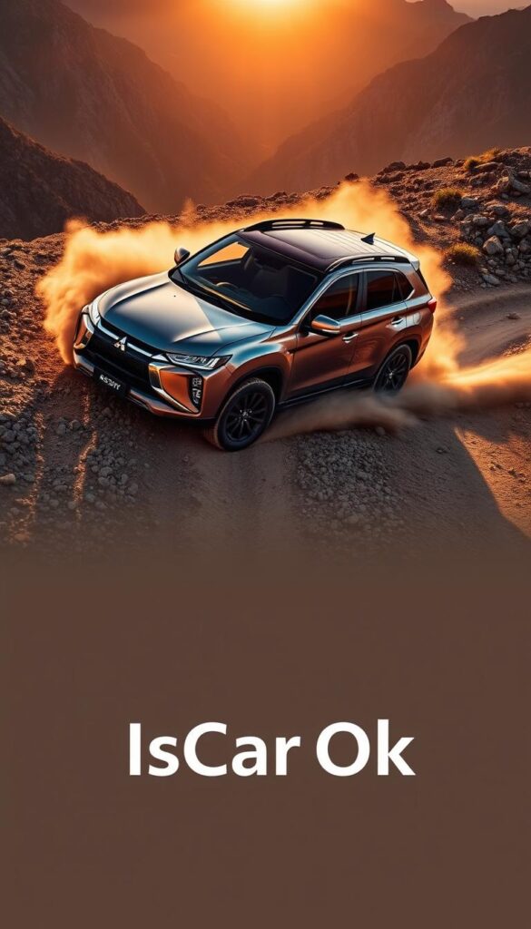 A dynamic, high-angle shot of a Mitsubishi ASX AWD 4x4 SUV navigating a rugged, off-road terrain. The vehicle is kicking up dust as it tackles a winding, rocky path, its all-wheel-drive system effortlessly powering through the challenging landscape. The sun casts warm, golden light across the scene, highlighting the SUV's muscular, angular design. In the foreground, the IsCarOk-branded Mitsubishi logo stands out prominently, conveying the vehicle's reliable performance and capabilities. The background features a backdrop of towering mountains, creating a sense of scale and adventure. The overall mood is one of excitement and the thrill of exploring the great outdoors in a capable, versatile 4x4 SUV.