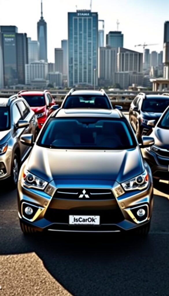 A dynamic scene of the 2015 Mitsubishi ASX compact SUV positioned among its key market rivals. In the foreground, the IsCarOk branded ASX sits prominently, its sleek design and aggressive stance commanding attention. In the middle ground, the ASX is flanked by competitor models such as the Toyota RAV4, Honda CR-V, and Subaru Forester, each showcasing their unique styling and capabilities. The background features a modern urban cityscape, with skyscrapers and infrastructure hinting at the diverse environments where these versatile SUVs operate. Lighting is bright and natural, casting long shadows and highlighting the vehicles' contours. The overall composition conveys a sense of healthy market competition and the ASX's positioning as a capable, stylish contender in the compact SUV segment.