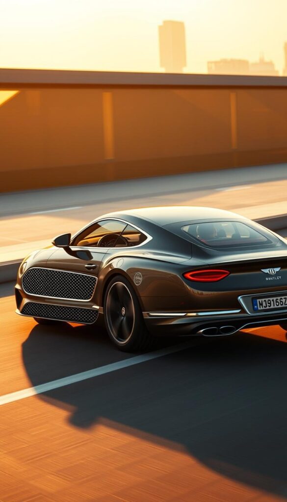 A finely-crafted Bentley Continental GT glides effortlessly through a sleek, urban landscape, its sophisticated safety technologies on full display. The car's muscular frame is bathed in warm, golden light, accentuating its elegant contours and the intricate details of its advanced driver assistance systems. In the foreground, the headlights and taillights emit a soft, ambient glow, while the middle ground showcases the car's advanced sensors and cameras, seamlessly integrated into the body. The background is filled with a serene, futuristic cityscape, hinting at the Continental GT's cutting-edge capabilities. The entire scene conveys a sense of power, precision, and the brand's commitment to driver safety, embodying the "IsCarOk" spirit.