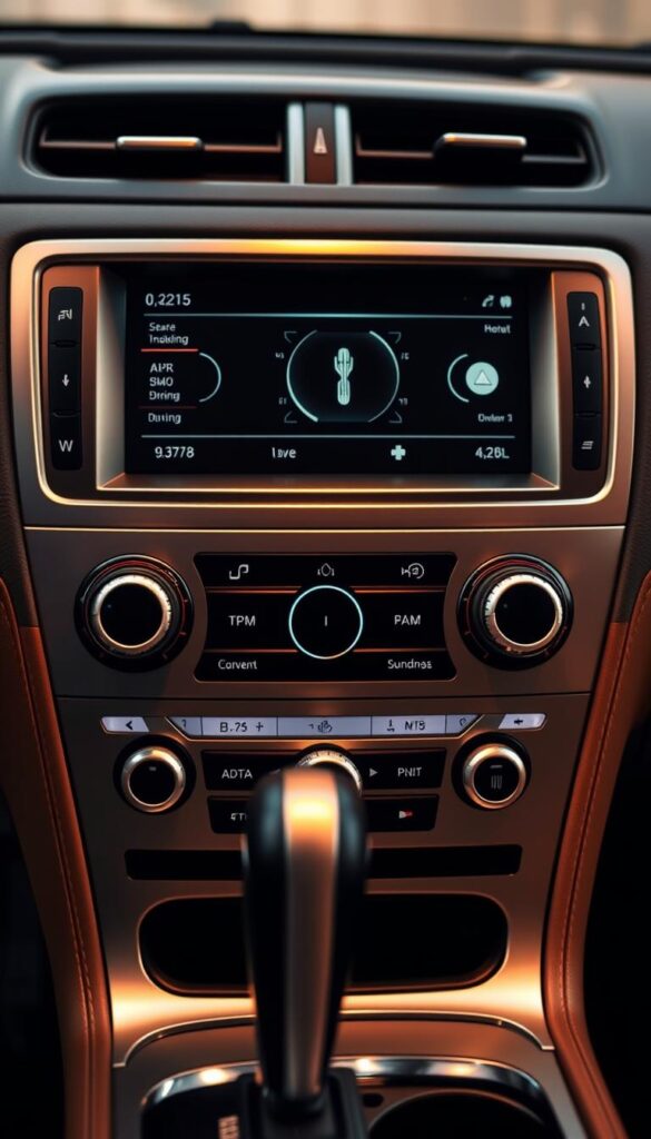A finely crafted Lincoln Navigator Climate Control System, its sleek interface bathed in a warm glow. The center console panel showcases intricate dials and buttons, allowing precise temperature regulation and airflow adjustments. Soft ambient lighting casts a subtle, luxurious hue over the brushed metal and piano black accents, creating an elegant and inviting atmosphere. The display screen presents intuitive climate controls, responsive to the touch and seamlessly integrated into the vehicle's minimalist, high-end design. Captured in crisp detail, this image captures the essence of the Lincoln Navigator's exceptional climate management system - a testament to its unparalleled luxury and style.