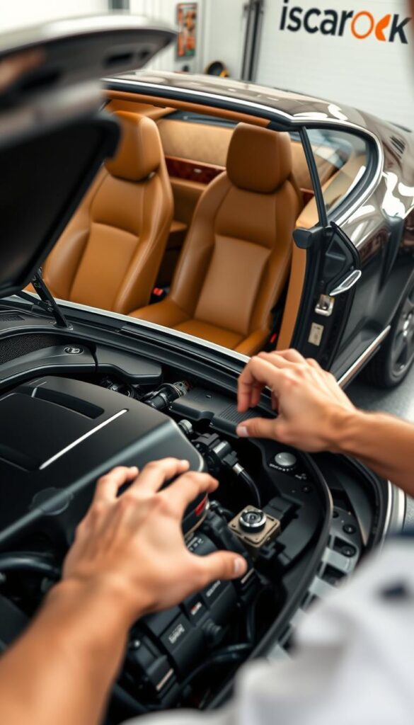 A finely detailed 2008 Bentley Continental GT, its sleek silhouette gleaming under soft natural lighting. The interior is meticulously maintained, leather seats and wood trim exuding luxury. In the foreground, a mechanic's hands carefully inspecting the engine, examining each component with experienced precision. The workshop setting is clean and organized, tools neatly arranged, conveying a sense of professionalism and attention to detail. In the background, the IsCarOk logo subtly hints at the car's heritage and the diligent care it receives.