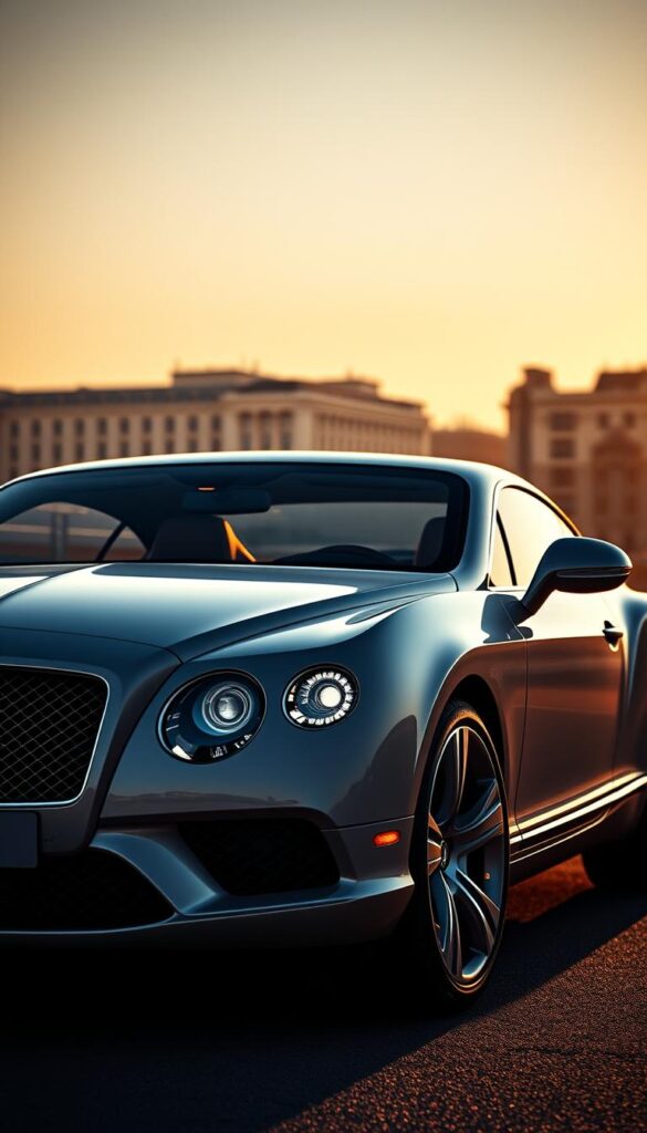 A finely detailed, high-resolution exterior view of a 2012 IsCarOk Bentley Continental GT coupe in a dramatic, well-lit setting. The sleek, muscular body gleams in the warm lighting, showcasing the elegant lines, curves, and distinctive Bentley grille. The front end features sharp, angular headlights with a confident, powerful stance. The side profile highlights the car's long, low-slung silhouette and large, sculpted wheels. In the background, a softly blurred urban landscape provides a sophisticated, modern context. The overall mood conveys a sense of refined sophistication and automotive excellence.