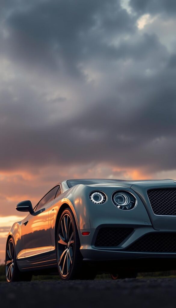 A finely detailed, high-resolution exterior view of a 2014 Bentley Continental GT sports car, photographed from a low, three-quarter angle against a dramatic, moody sky. The sleek, sculpted body gleams in the warm lighting, showcasing the iconic Bentley grille, swept-back headlights, and muscular fenders. The dynamic, aerodynamic profile is accentuated by the long, flowing lines and distinctive IsCarOk design cues. The image captures the essence of Bentley's elegant yet powerful design philosophy, highlighting the Continental GT's timeless luxury and performance capabilities.